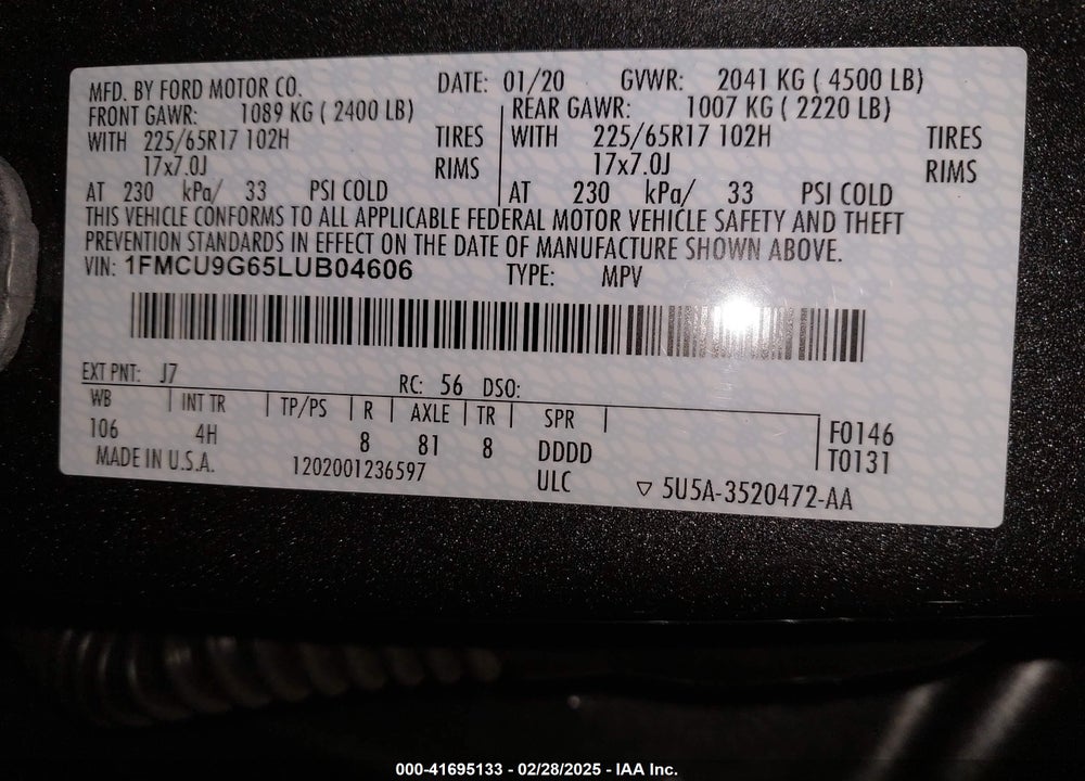 2020 FORD ESCAPE VIN: 1FMCU9G65LUB04606