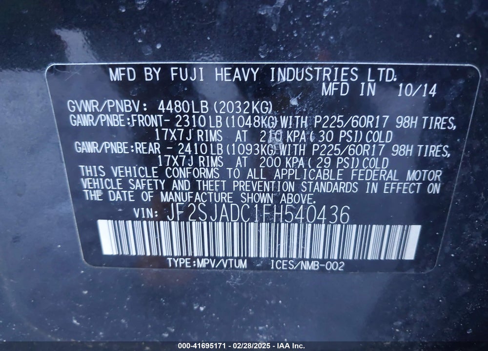 2015 SUBARU FORESTER VIN: JF2SJADC1FH540436