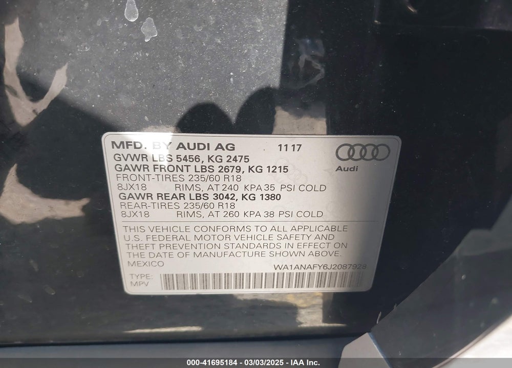 2018 AUDI Q5 VIN: WA1ANAFY6J2087928
