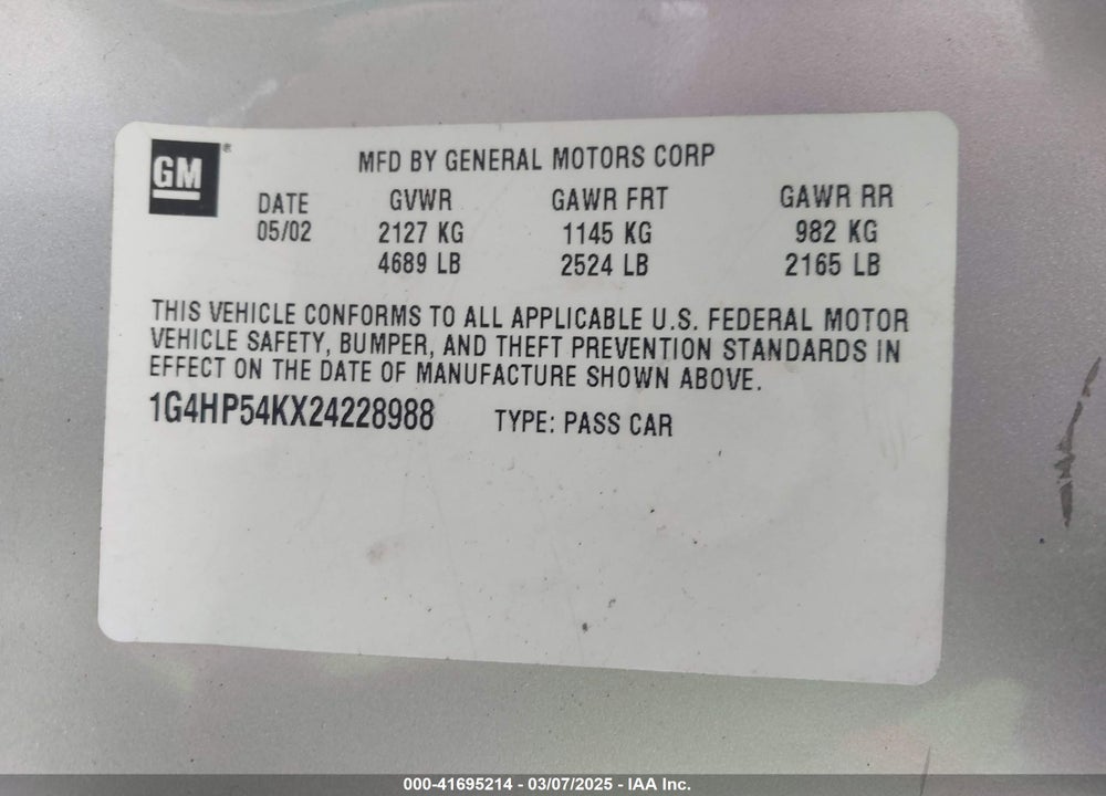 2002 BUICK LESABRE VIN: 1G4HP54KX24228988