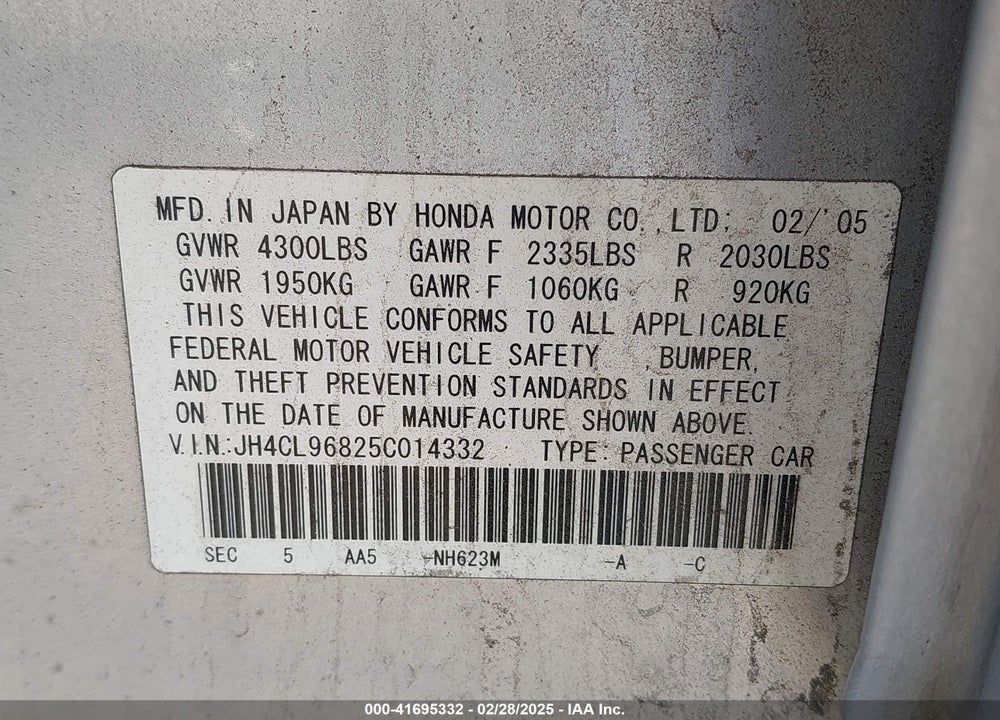 2005 ACURA TSX VIN: JH4CL96825C014332