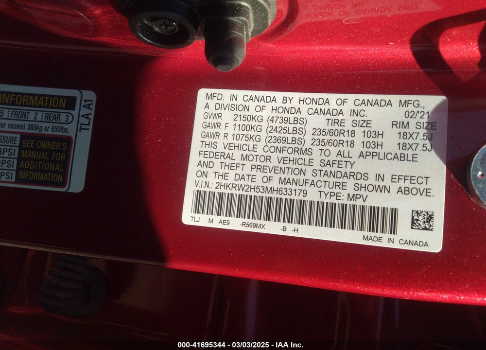 2021 HONDA CR-V VIN: 2HKRW2H53MH633179