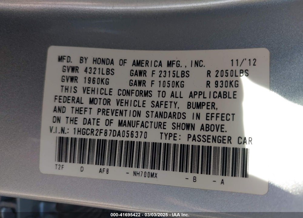 2013 HONDA ACCORD VIN: 1HGCR2F87DA056370