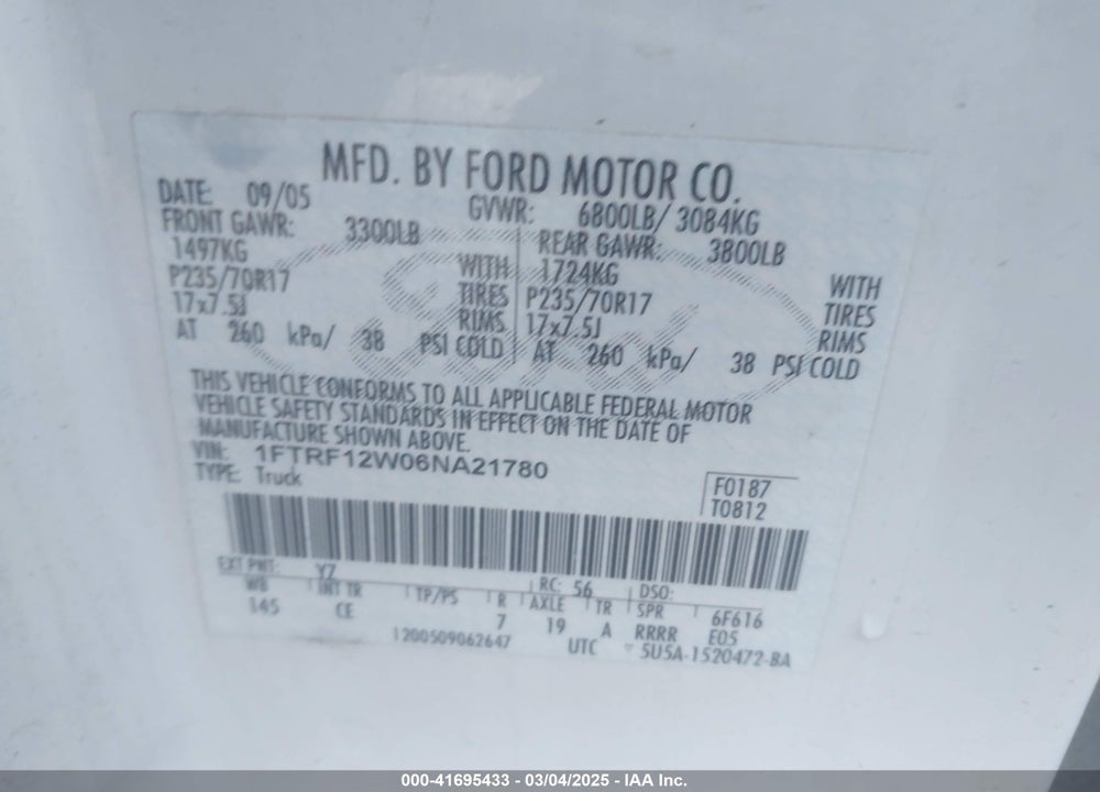 2006 FORD F-150 VIN: 1FTRF12W06NA21780