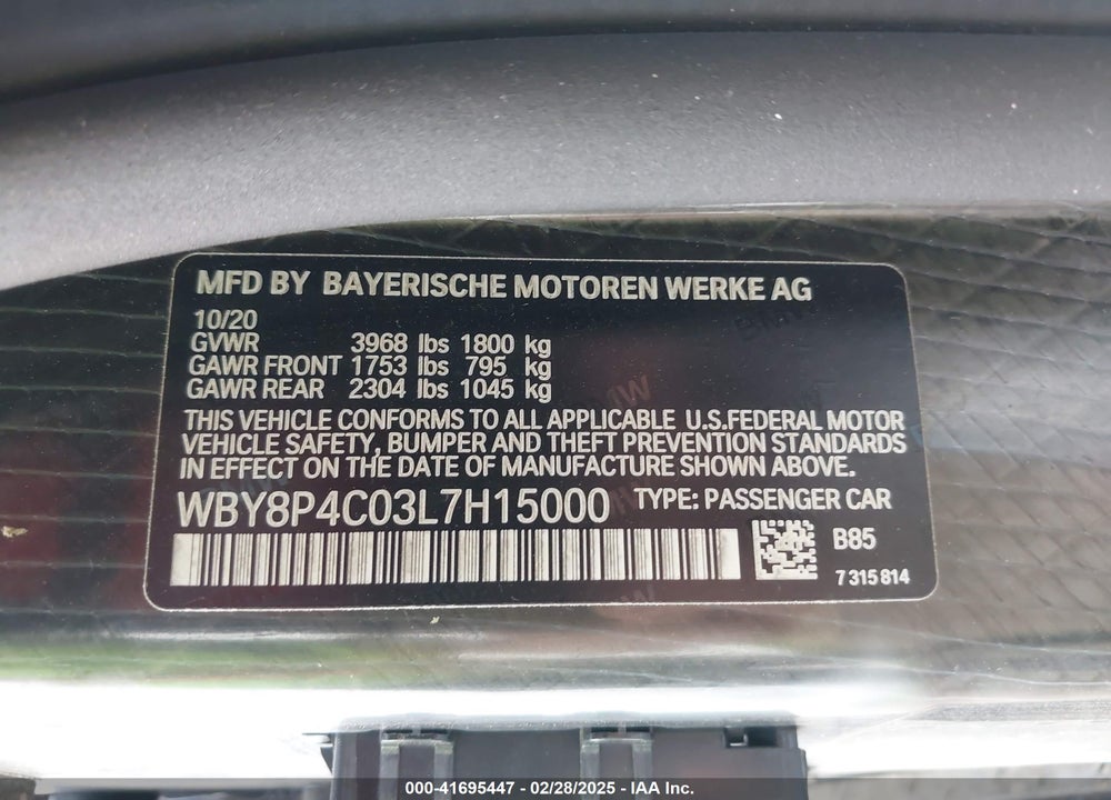 2020 BMW I3 VIN: WBY8P4C03L7H15000