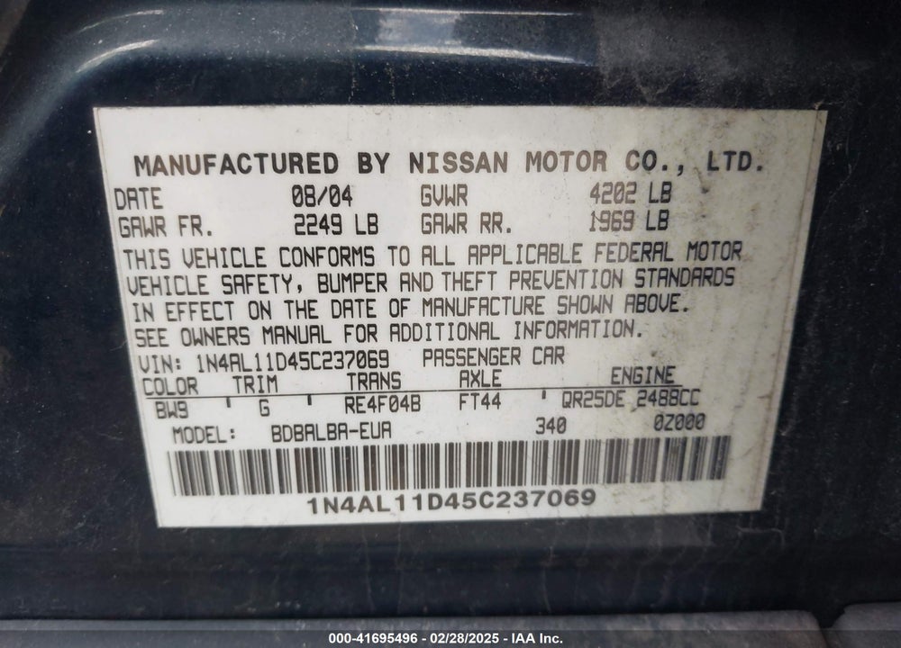 2005 NISSAN ALTIMA 2.5 S VIN: 1N4AL11D45C237069