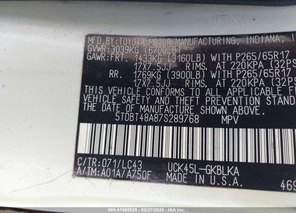 2007 TOYOTA SEQUOIA VIN: 5TDBT48A87S289768