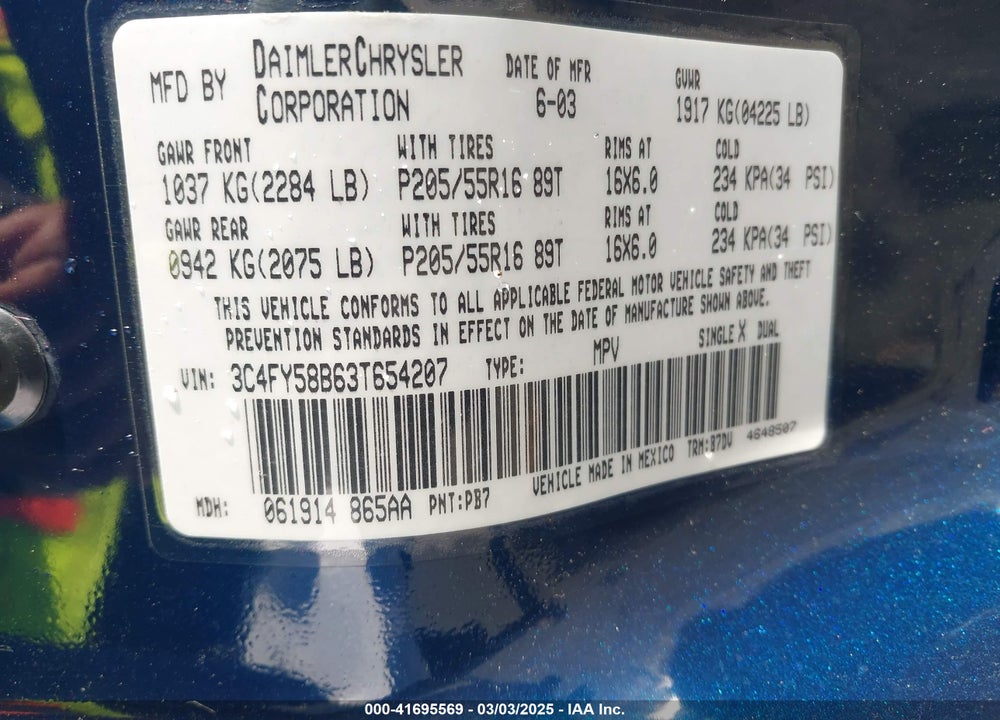 2003 CHRYSLER PT CRUISER VIN: 3C4FY58B63T654207