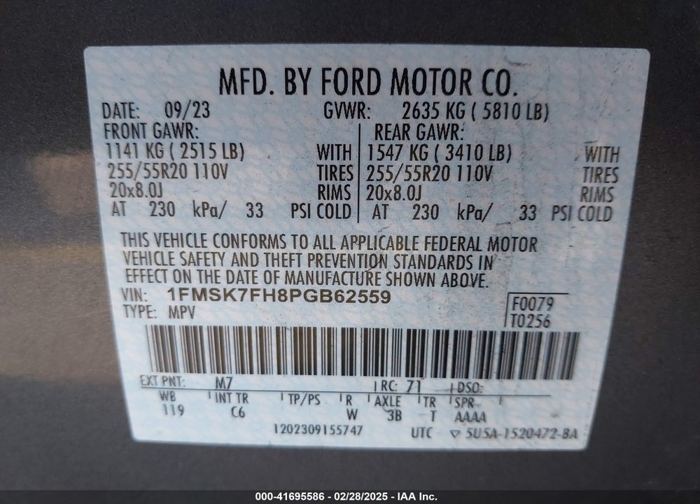 2023 FORD EXPLORER VIN: 1FMSK7FH8PGB62559