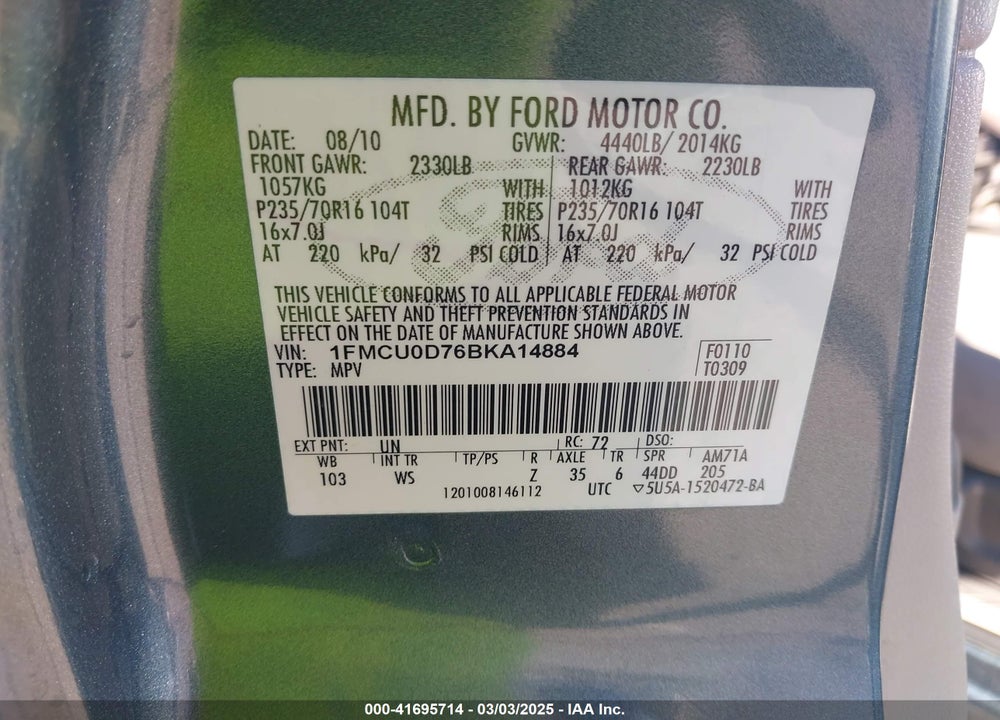 2011 FORD ESCAPE VIN: 1FMCU0D76BKA14884