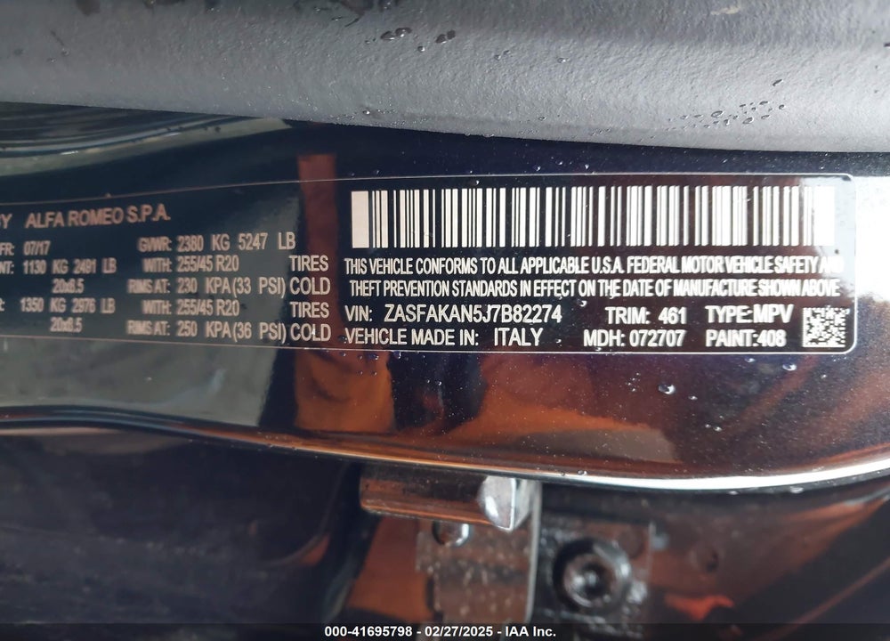 2018 ALFA ROMEO STELVIO AWD VIN: ZASFAKAN5J7B82274