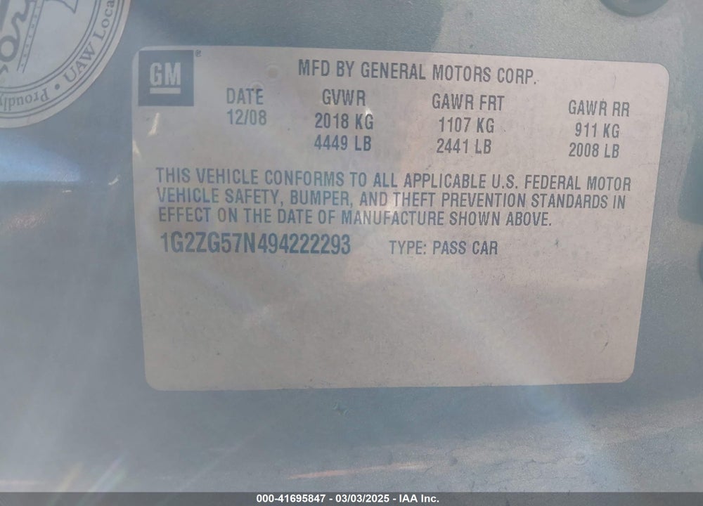 2009 PONTIAC G6 VIN: 1G2ZG57N494222293