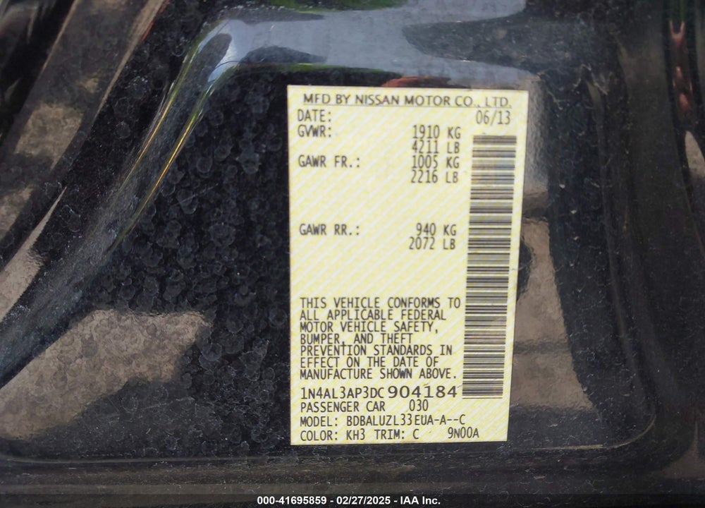 2013 NISSAN ALTIMA 2.5 SV VIN: 1N4AL3AP3DC904184