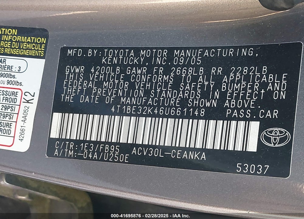 2006 TOYOTA CAMRY VIN: 4T1BE32K46U661148