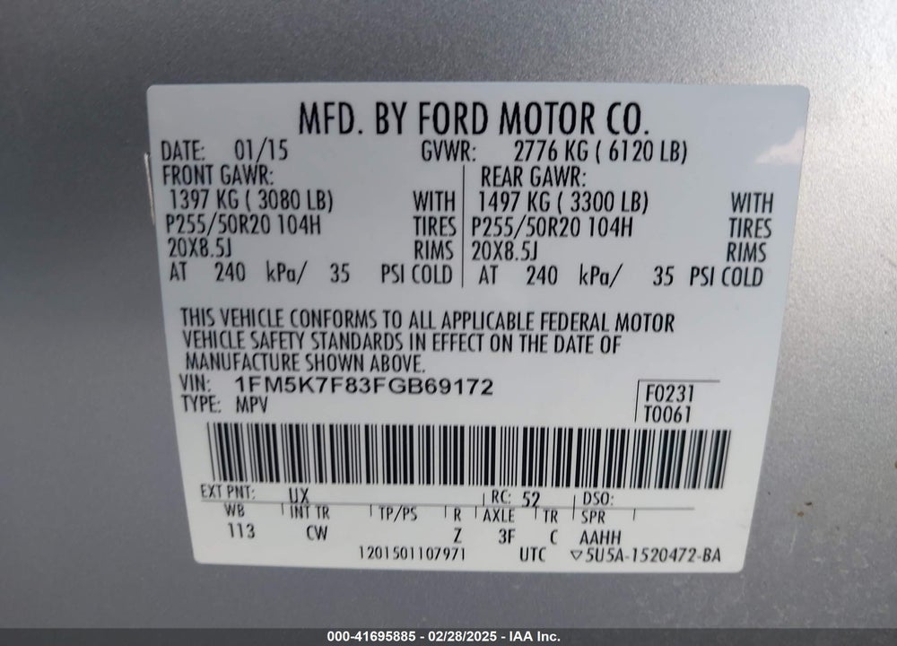 2015 FORD EXPLORER VIN: 1FM5K7F83FGB69172