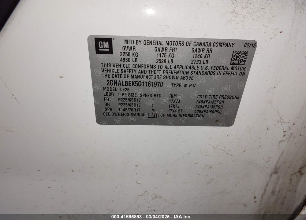 2016 CHEVROLET EQUINOX VIN: 2GNALBEK5G1161970