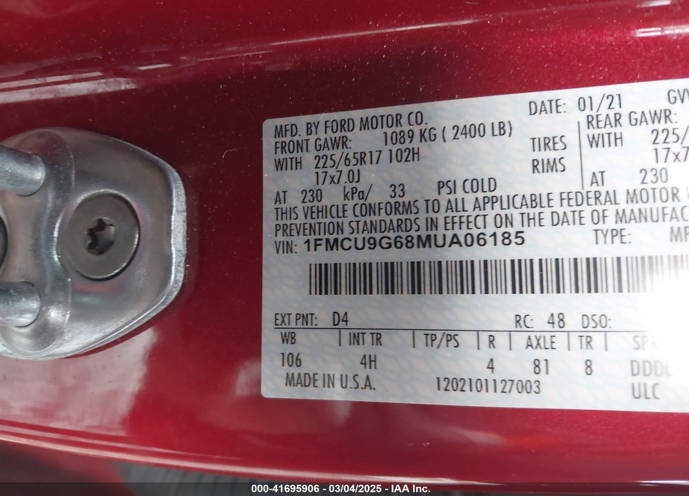 2021 FORD ESCAPE SE VIN: 1FMCU9G68MUA06185