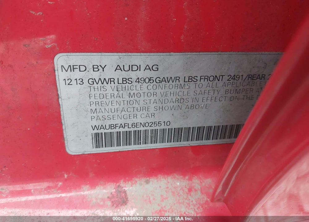 2014 AUDI A4 VIN: WAUBFAFL6EN025510