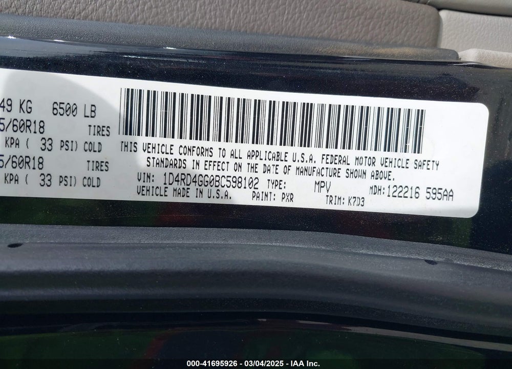 2011 DODGE DURANGO CREW VIN: 1D4RD4GG0BC598102