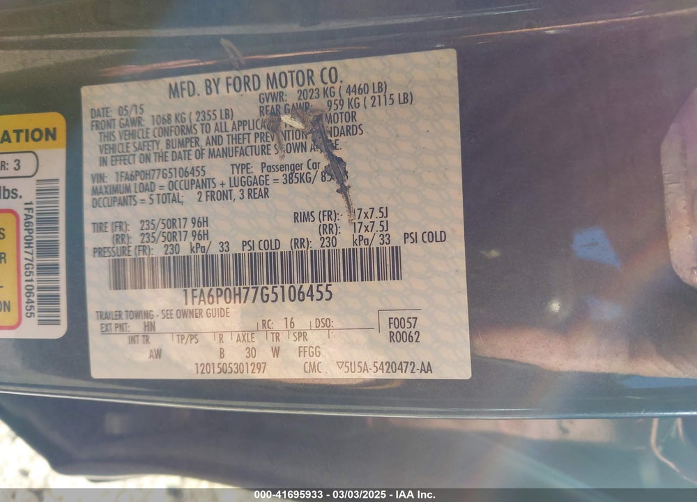 2016 FORD FUSION VIN: 1FA6P0H77G5106455