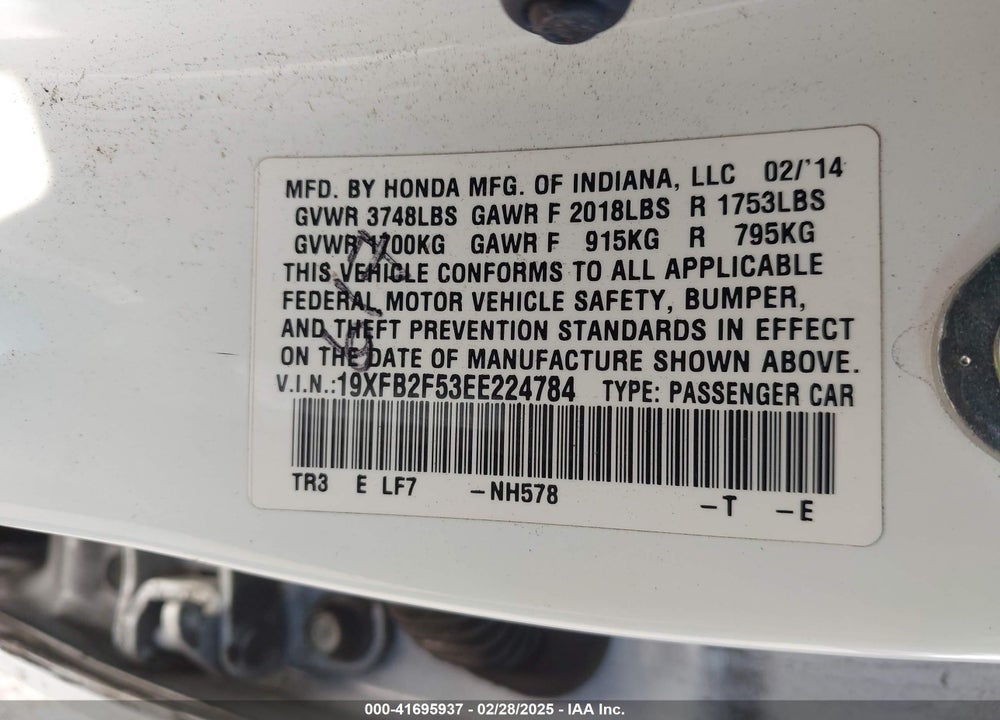 2014 HONDA CIVIC VIN: 19XFB2F53EE224784