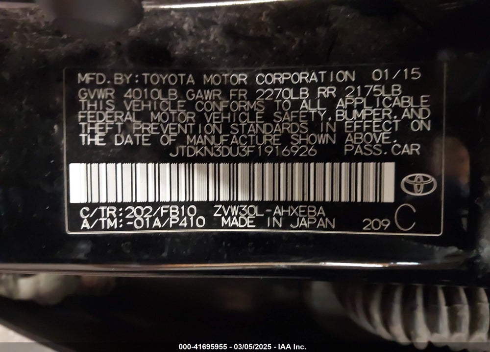 2015 TOYOTA PRIUS THREE VIN: JTDKN3DU3F1916926