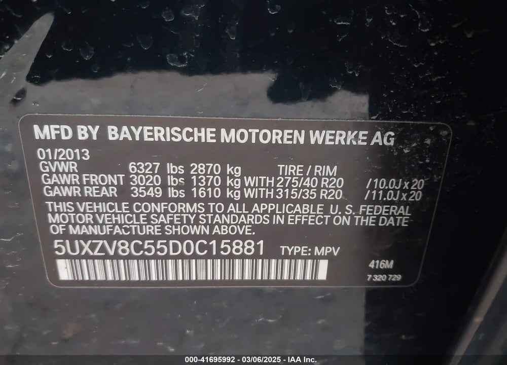 2013 BMW X5 XDRIVE50I VIN: 5UXZV8C55D0C15881
