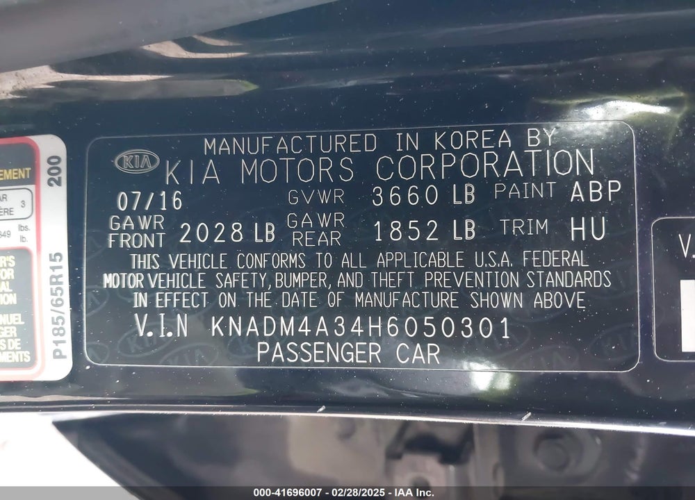 2017 KIA RIO VIN: KNADM4A34H6050301