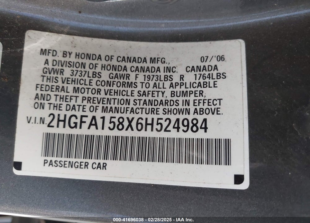 2006 HONDA CIVIC VIN: 2HGFA158X6H524984