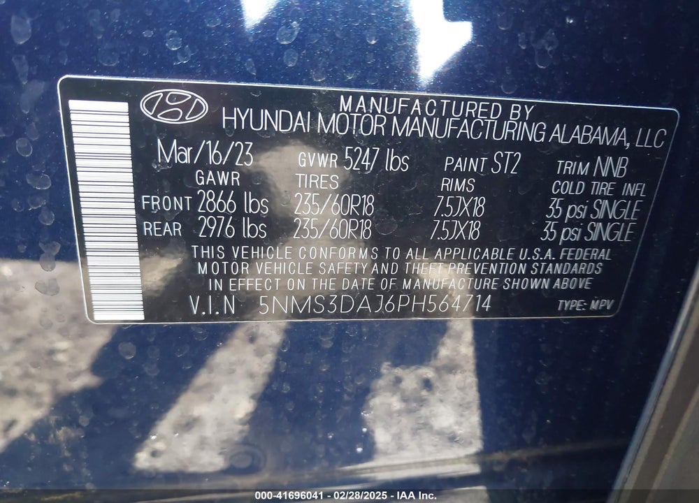 2023 HYUNDAI SANTA FE VIN: 5NMS3DAJ6PH564714