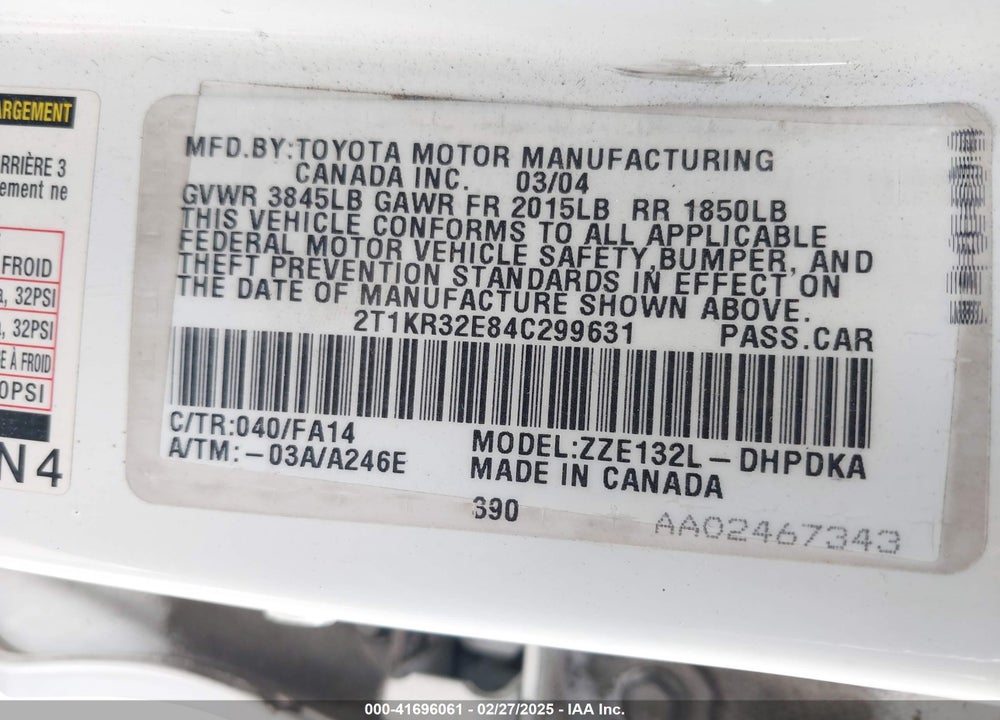 2004 TOYOTA MATRIX STANDARD VIN: 2T1KR32E84C299631