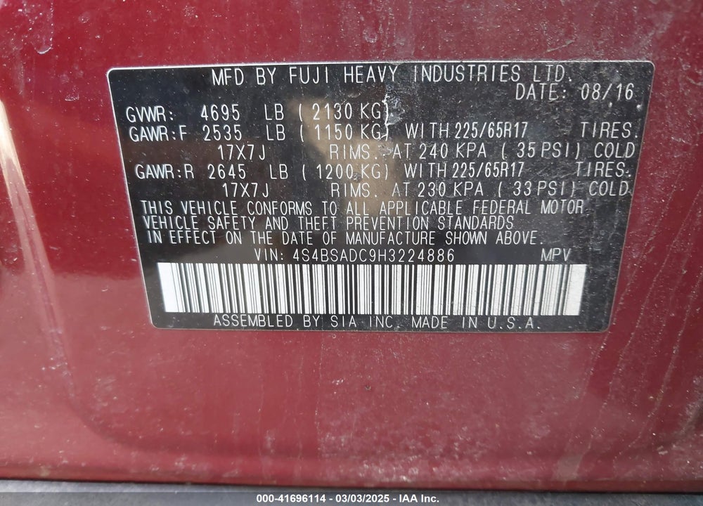 2017 SUBARU OUTBACK VIN: 4S4BSADC9H3224886