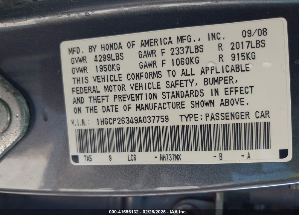 2009 HONDA ACCORD 2.4 LX VIN: 1HGCP26349A037759