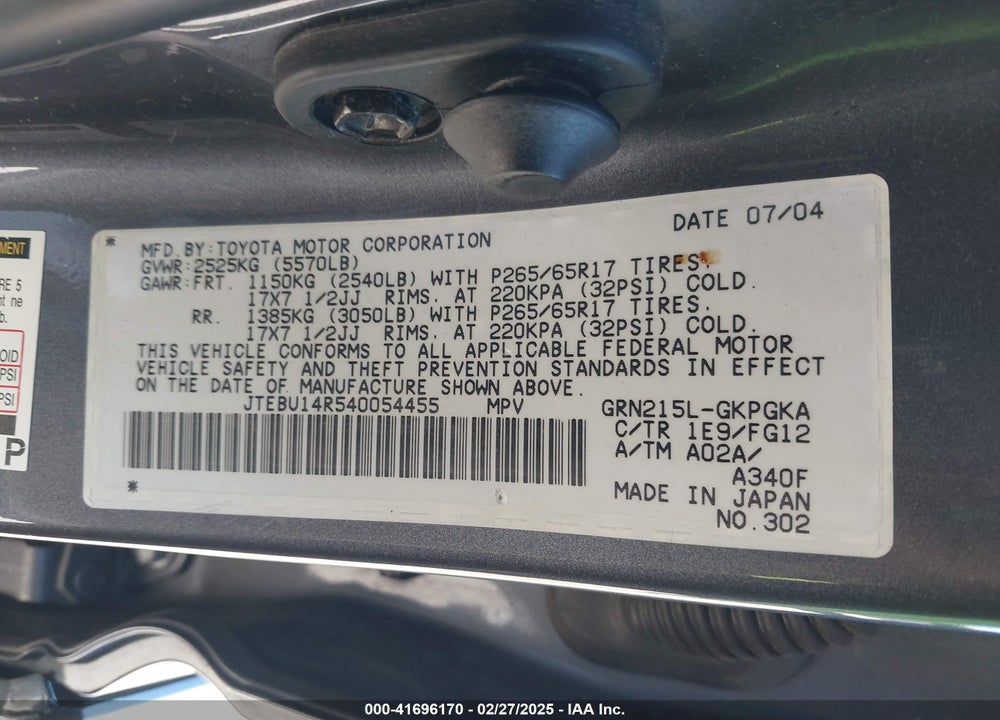 2004 TOYOTA 4RUNNER SR5 V6 VIN: JTEBU14R540054455