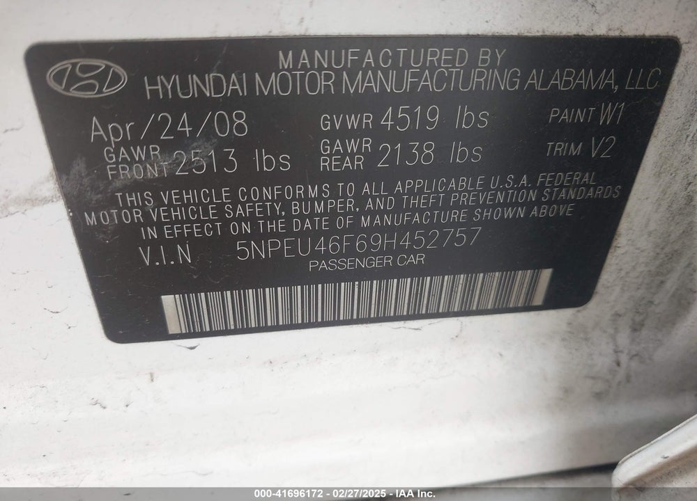 2009 HYUNDAI SONATA VIN: 5NPEU46F69H452757
