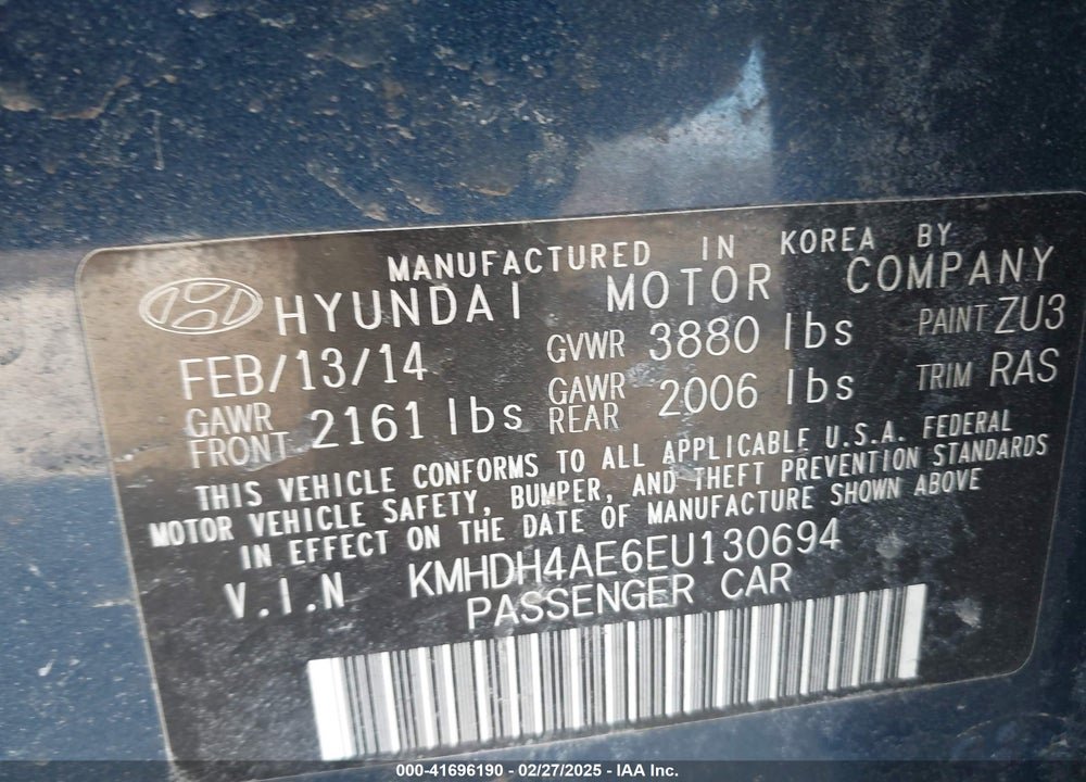 2014 HYUNDAI ELANTRA VIN: KMHDH4AE6EU130694