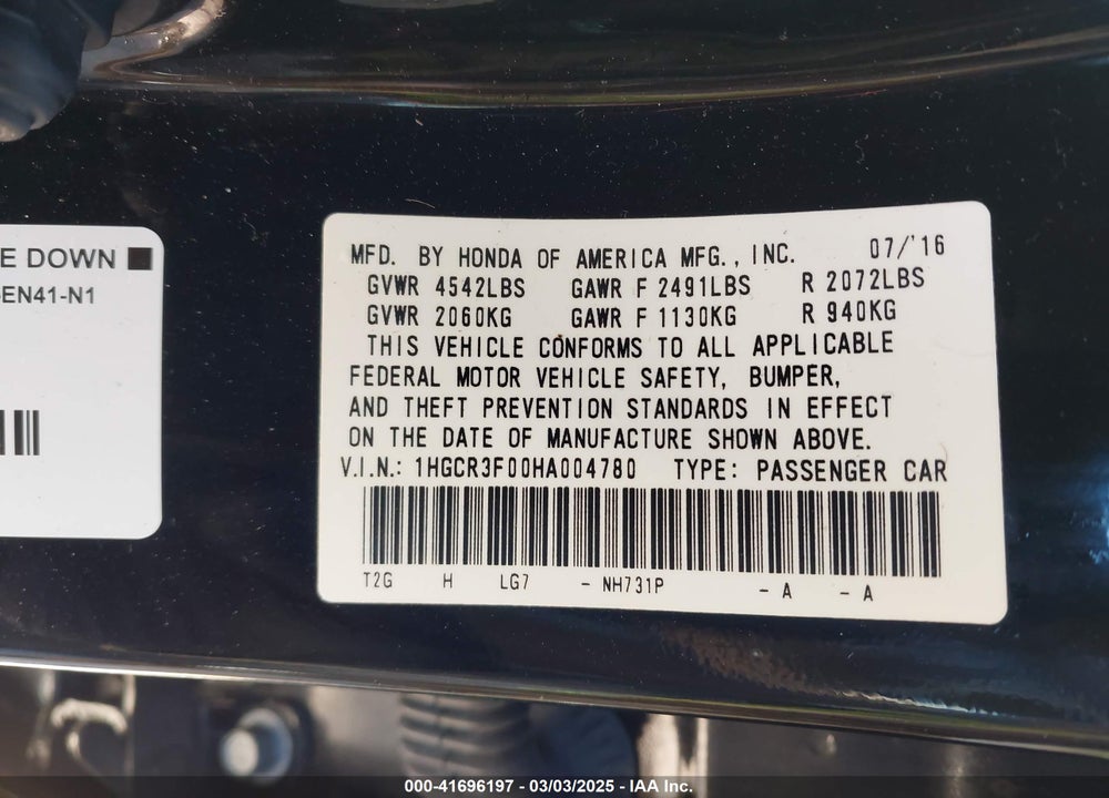 2017 HONDA ACCORD VIN: 1HGCR3F00HA004780