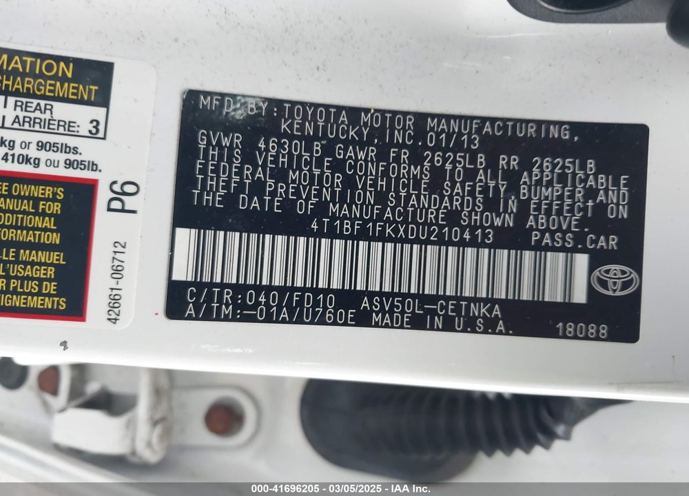 2013 TOYOTA CAMRY VIN: 4T1BF1FKXDU210413