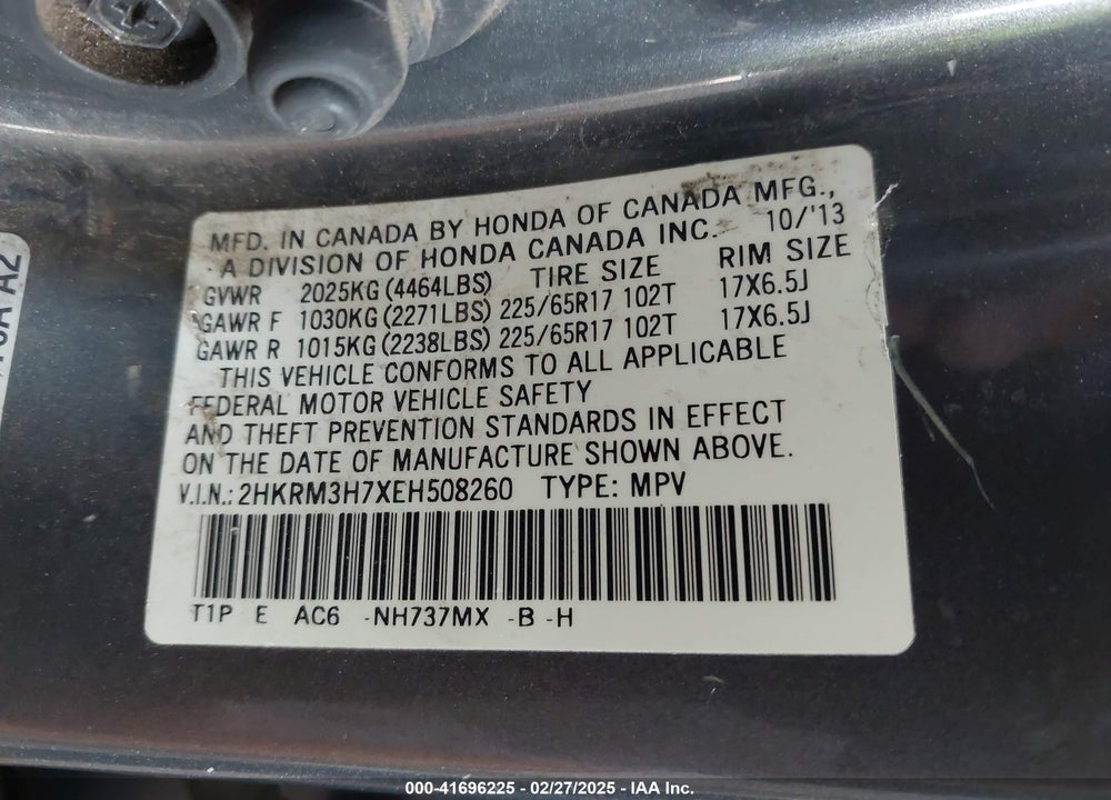 2014 HONDA CR-V VIN: 2HKRM3H7XEH508260
