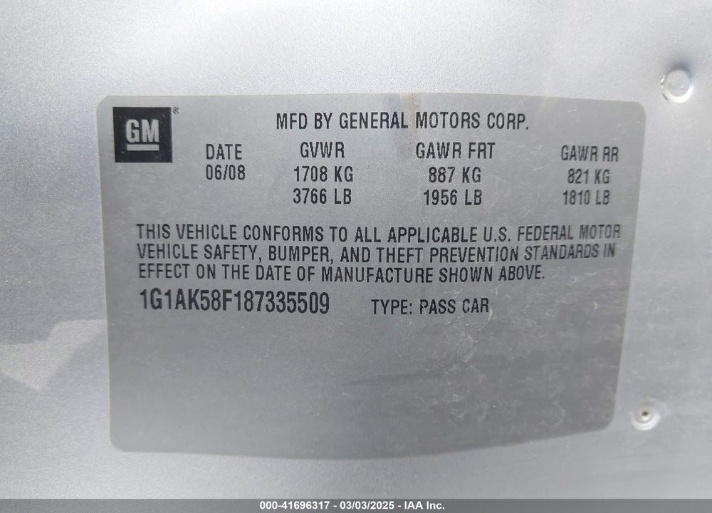 2008 CHEVROLET COBALT LS VIN: 1G1AK58F187335509
