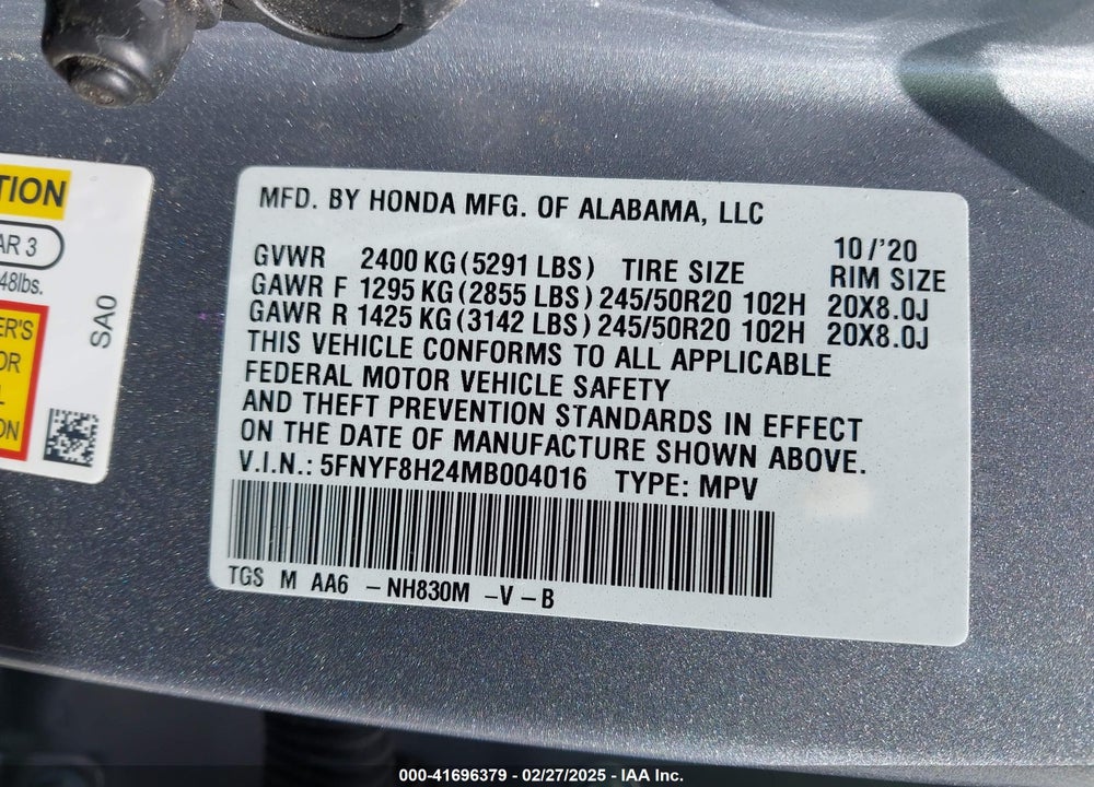 2021 HONDA PASSPORT VIN: 5FNYF8H24MB004016