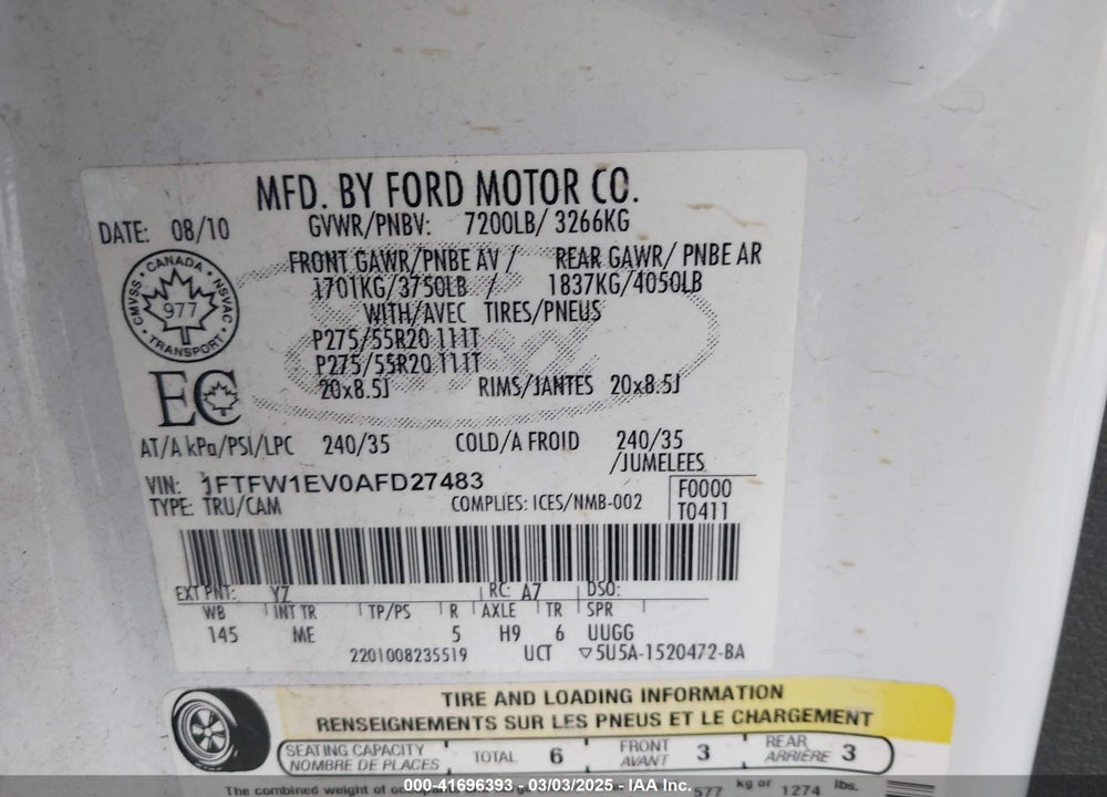 2010 FORD F-150 VIN: 1FTFW1EV0AFD27483