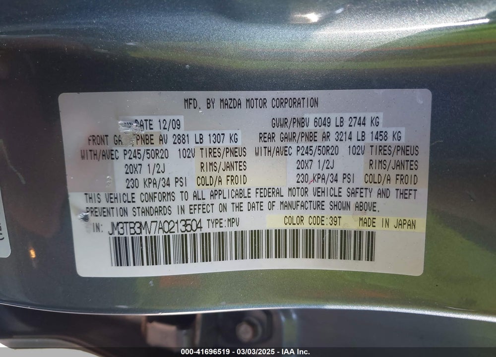 2010 MAZDA CX-9 VIN: JM3TB3MV7A0213504