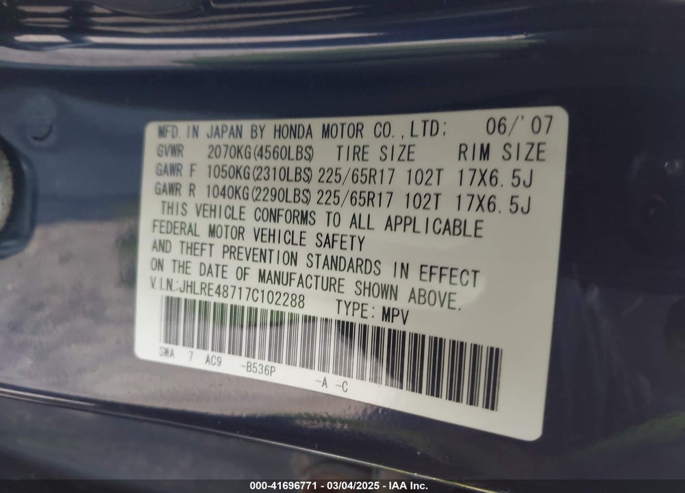 2007 HONDA CR-V VIN: JHLRE48717C102288