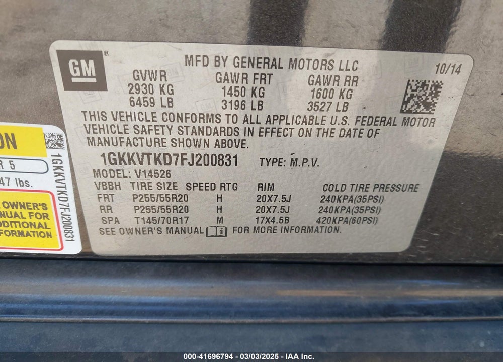 2015 GMC ACADIA VIN: 1GKKVTKD7FJ200831