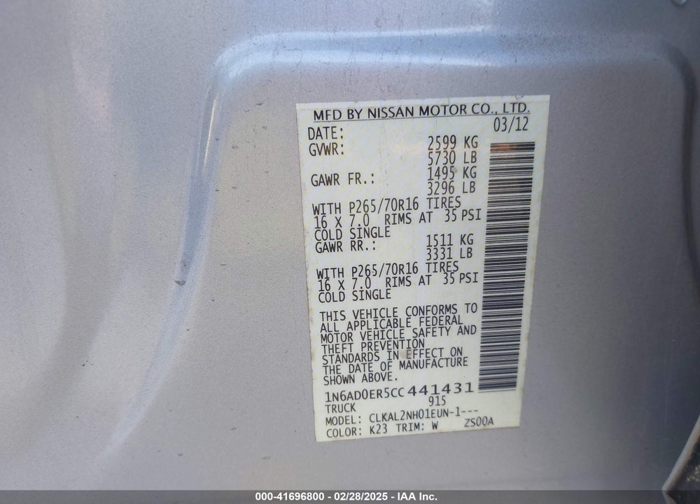 2012 NISSAN FRONTIER VIN: 1N6AD0ER5CC441431