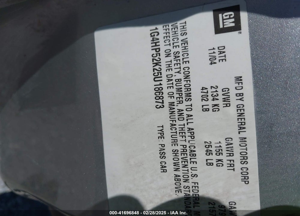 2005 BUICK LESABRE VIN: 1G4HP52K25U186873