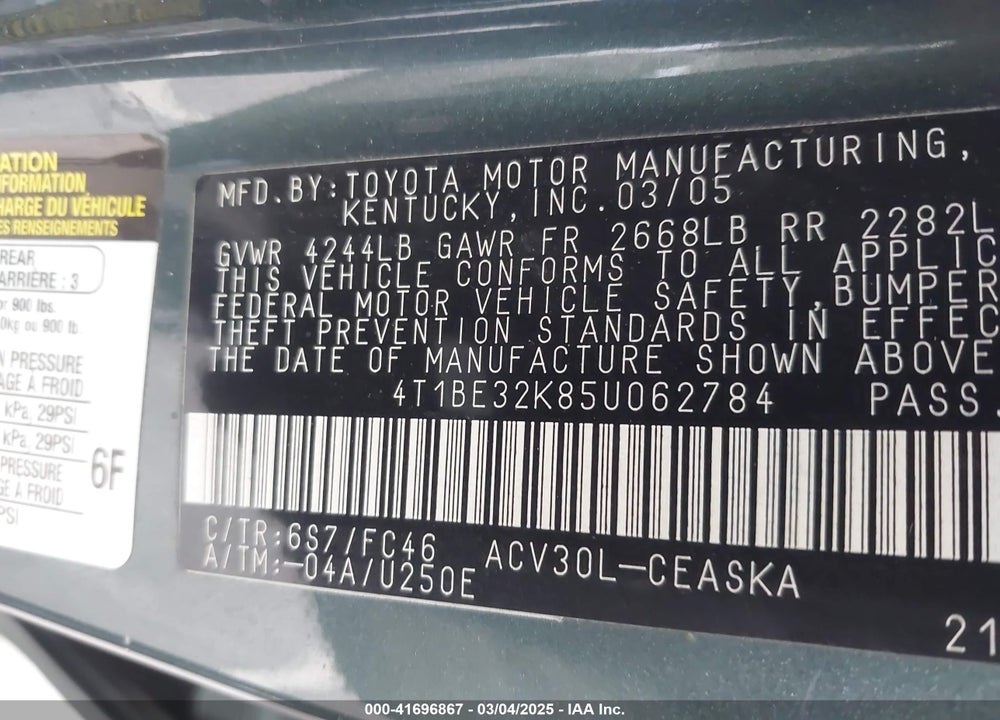 2005 TOYOTA CAMRY SE VIN: 4T1BE32K85U062784