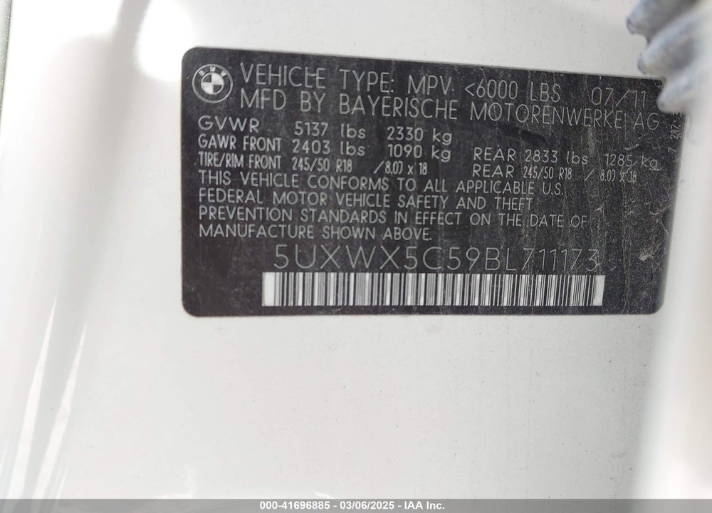2011 BMW X3 XDRIVE28I VIN: 5UXWX5C59BL711173