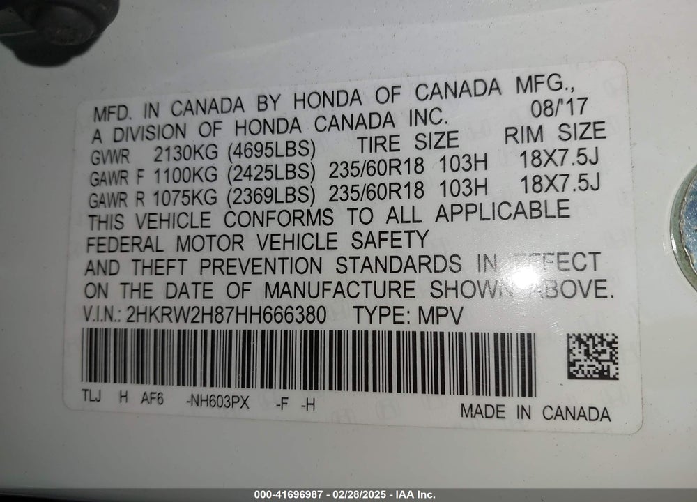 2017 HONDA CR-V VIN: 2HKRW2H87HH666380